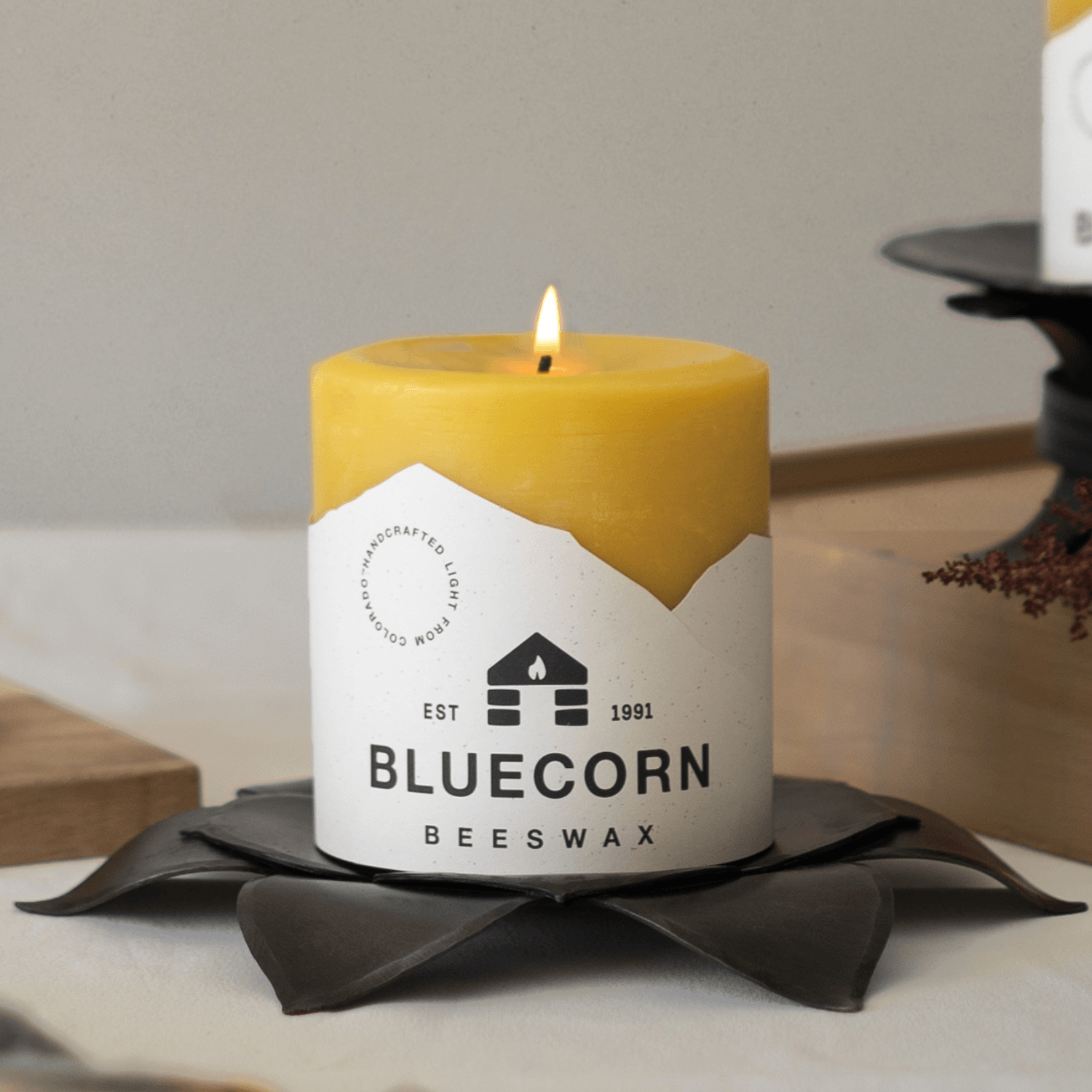 Large Raw Beeswax Pillar & Hand-Forged Holder Gift Set – Bluecorn Candles